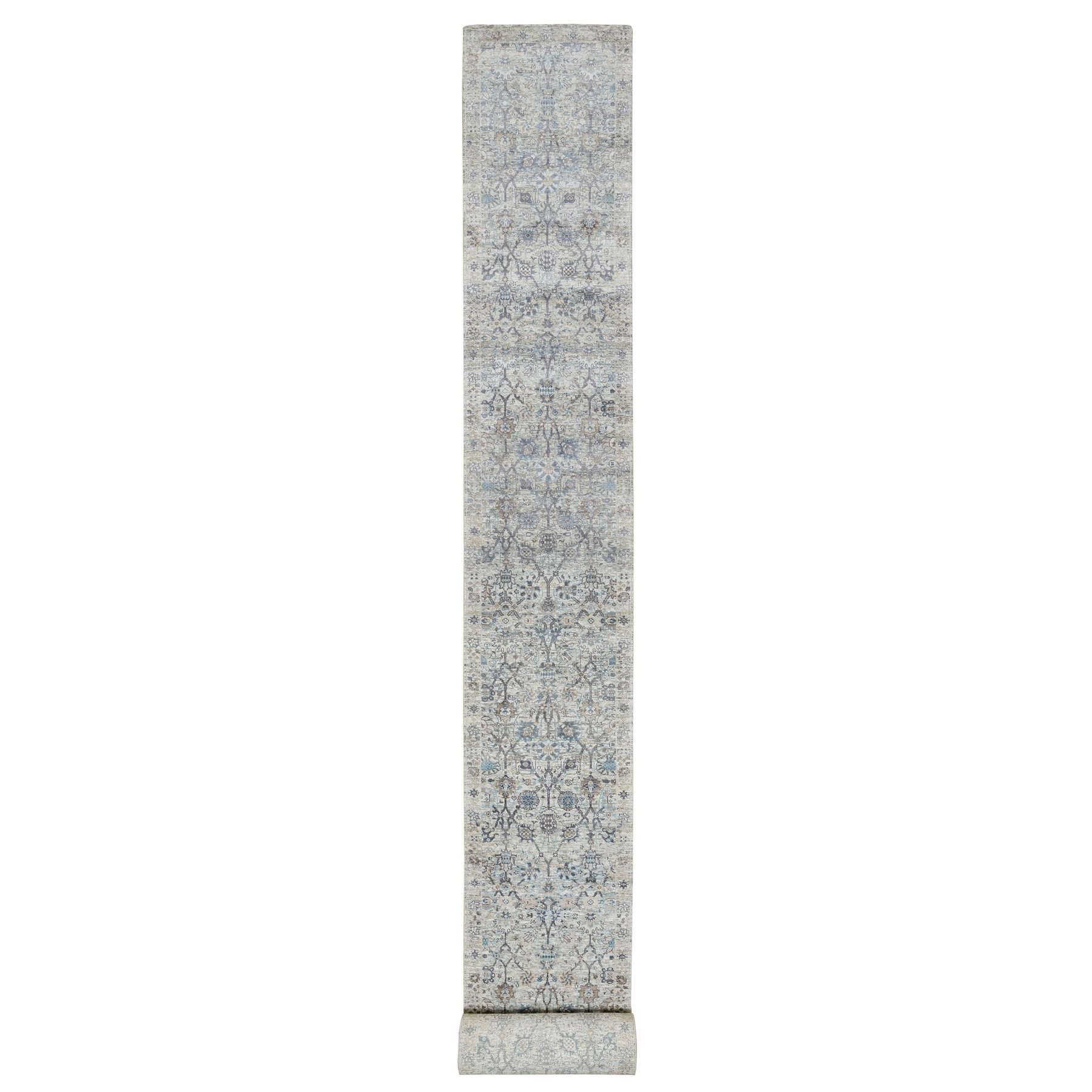 2'7"x27'7" Solstice White, Hand Knotted, Tabriz Vase with Pomegranate Design, Pure Silk, XL Runner, Oriental Rug 